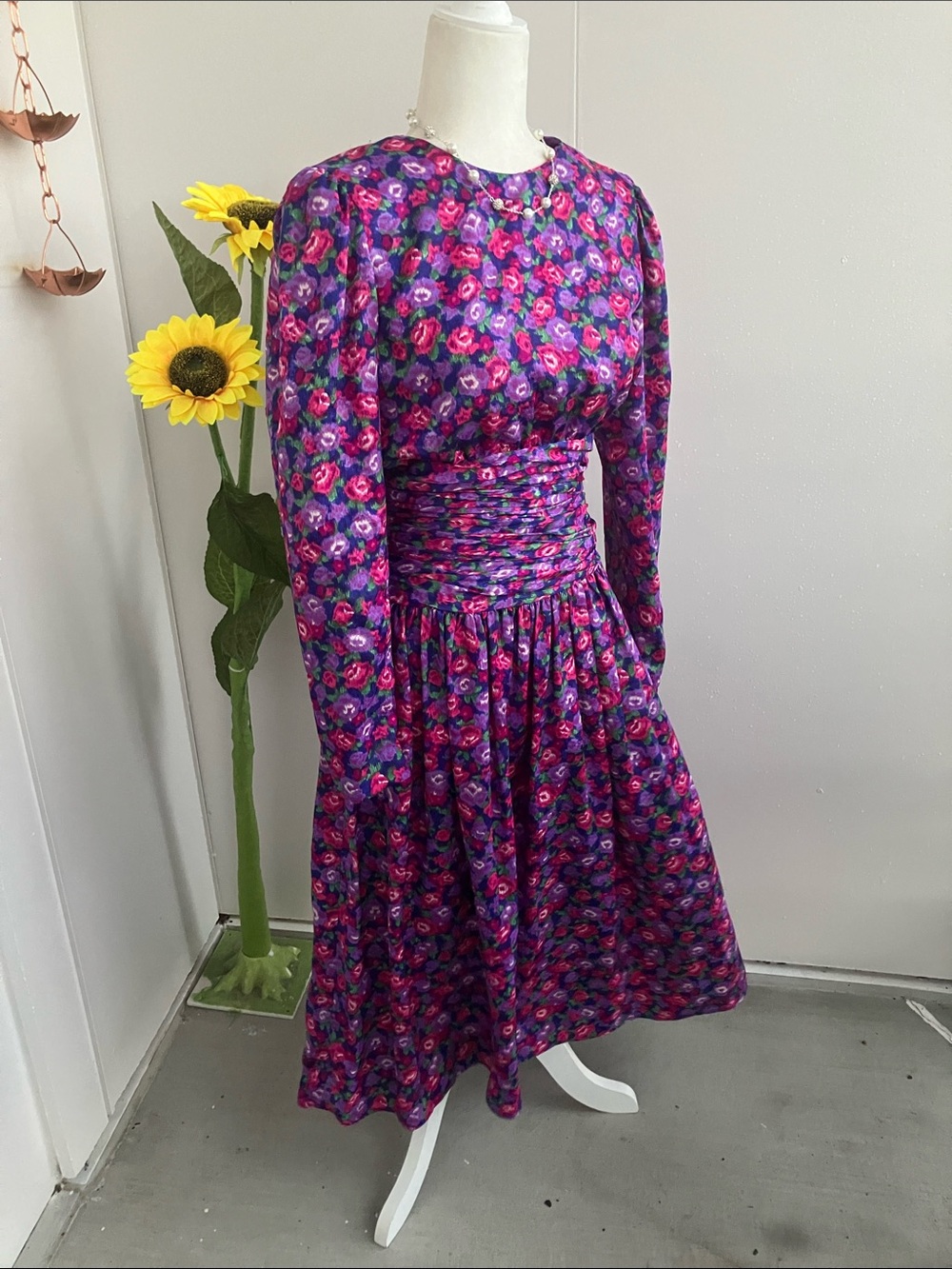 Vintage 80s Shimmery Purple & Pink Rose Print Floral Long Sleeve Midi Dress